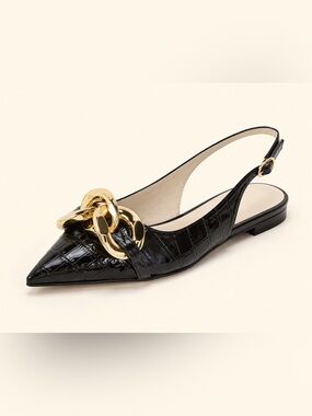 Black Croc Gold Chain Pointed Toe Slingback Flats Size 8